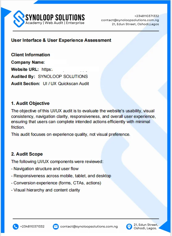 Audit report page: UI/UX quickscan scope